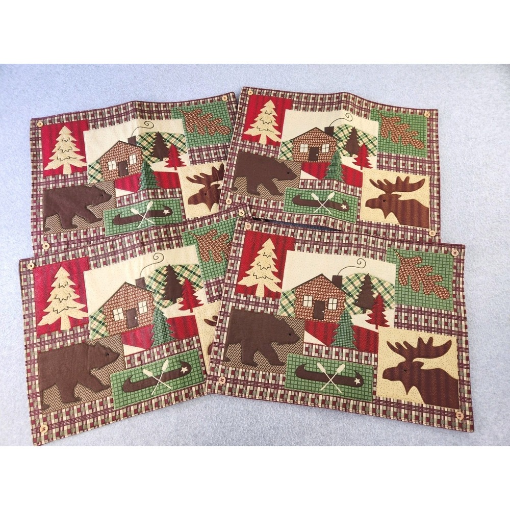 Set of‎ 4 Patchwork Embroidered Placemats Rustic Cabin Cottagecore Bear Moose
